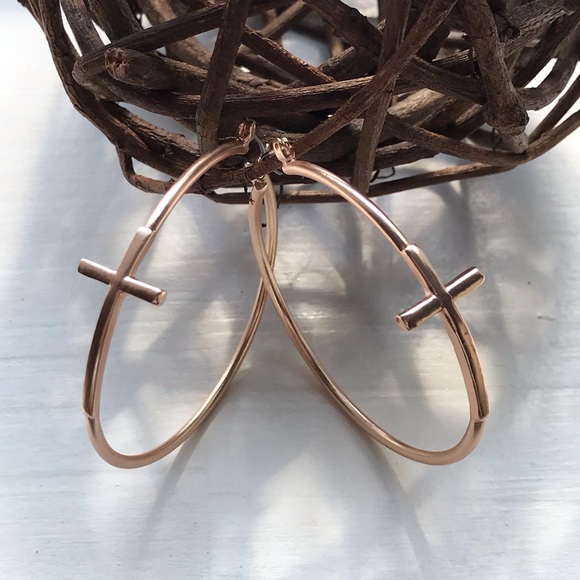 1 Left! Rose Gold Tone Hoop Earrings with Cross ✝️ - Picture 2 of 8